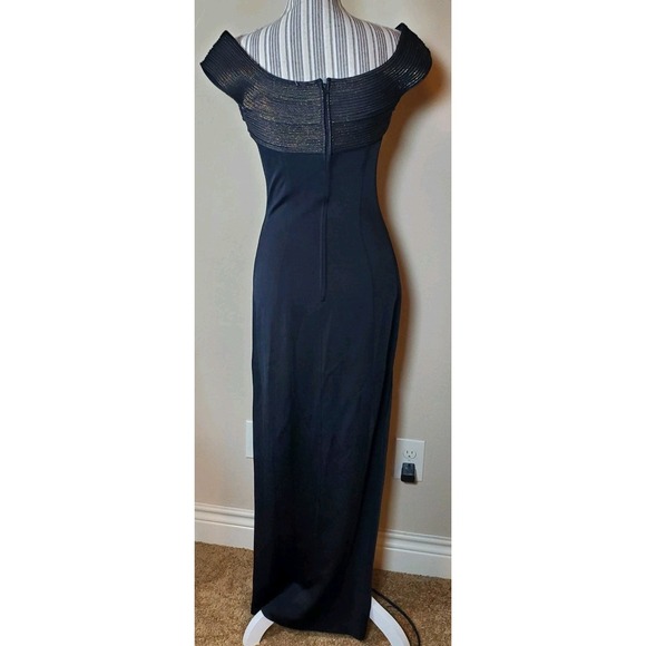 Tadashi Evening Formal Long Dress Black Side Slit Gold Shimmer Neck Detail Sz 6 - Picture 4 of 16